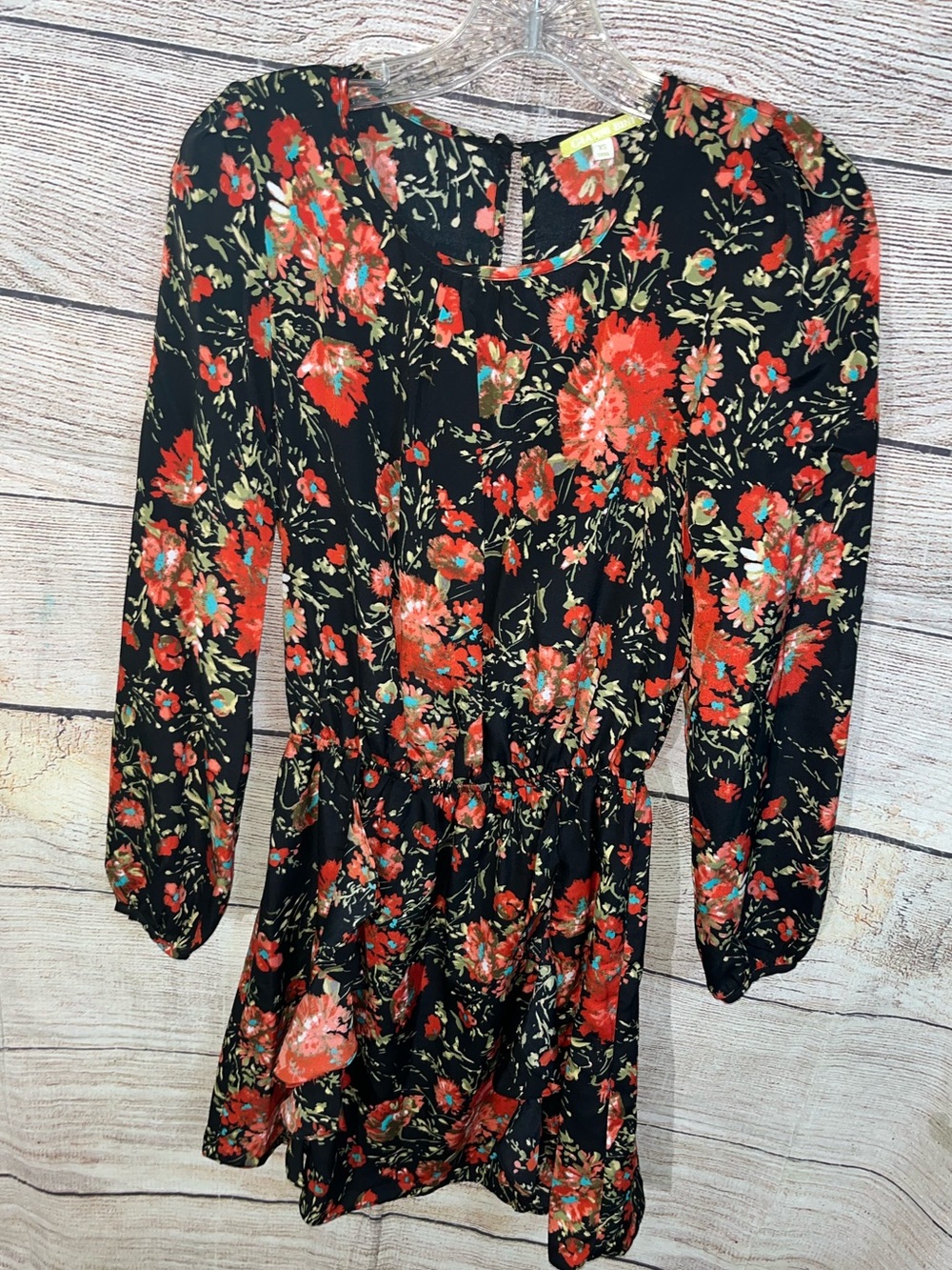 😍 Gianni Bini Black Long Sleeve Mini Dress with Red Floral Print size XS